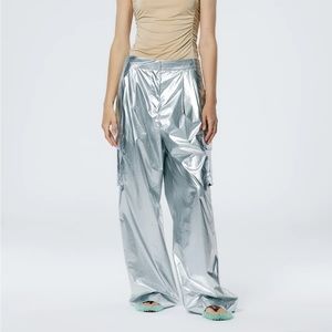 Tibi Metallic Silver Nylon Pleated Stella Cargo Pant Size 4